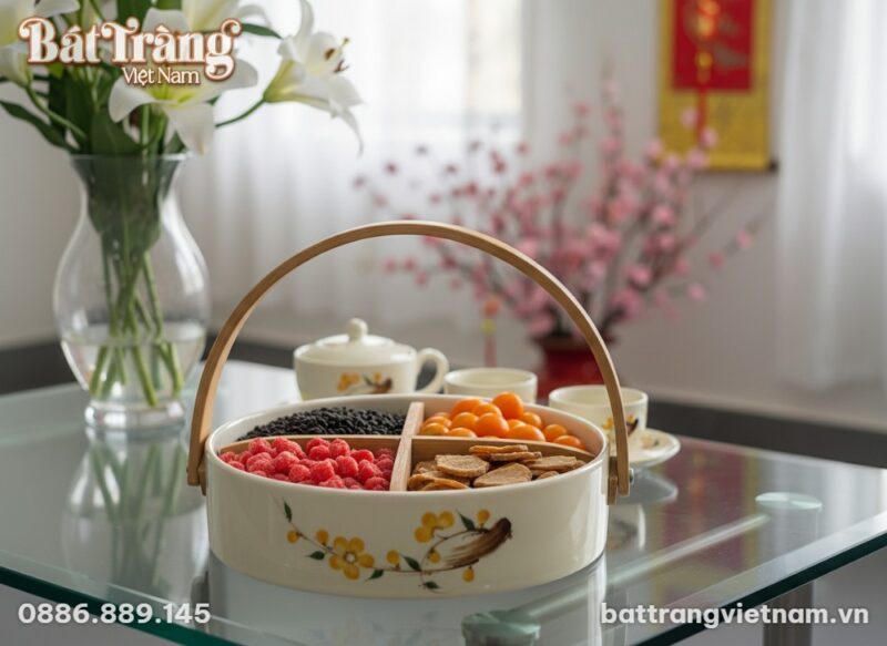 Cận cảnh khay mứt Tết gốm sứ hoa mai vẽ tay chi... Cận cảnh khay mứt Tết gốm sứ hoa mai vẽ tay chi...