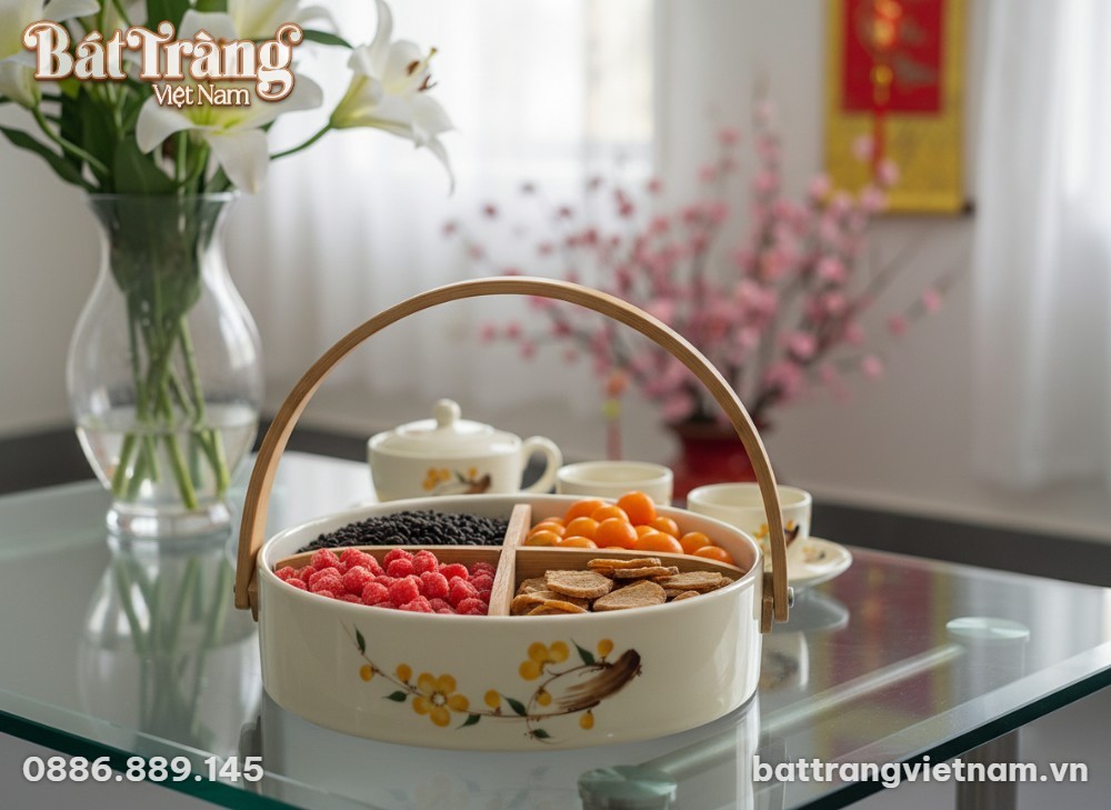 Cận cảnh khay mứt Tết gốm sứ hoa mai vẽ tay chi...