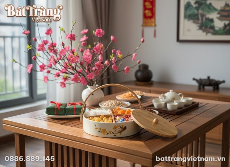 Khay mứt Tết gốm sứ hoa mai với cấu trúc bên t... Khay mứt Tết gốm sứ hoa mai với cấu trúc bên t...