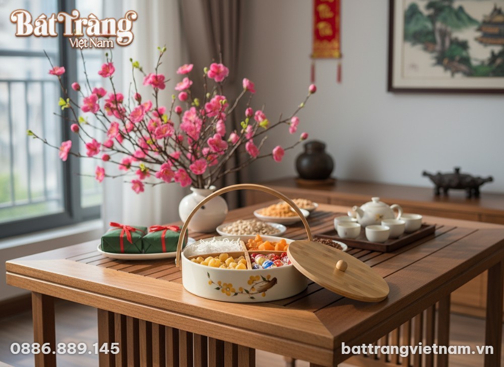 Khay mứt Tết gốm sứ hoa mai với cấu trúc bên t...