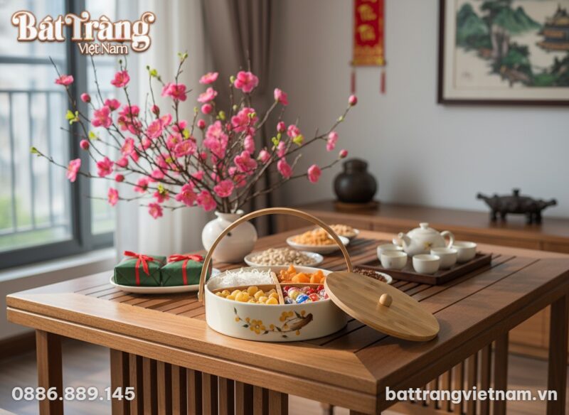 Khay mứt Tết gốm sứ hoa mai với cấu trúc bên t... Khay mứt Tết gốm sứ hoa mai với cấu trúc bên t...