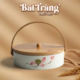 Khay Sứ Đựng Mứt Vẽ Sen Hồng Nắp Gỗ BT-KM25