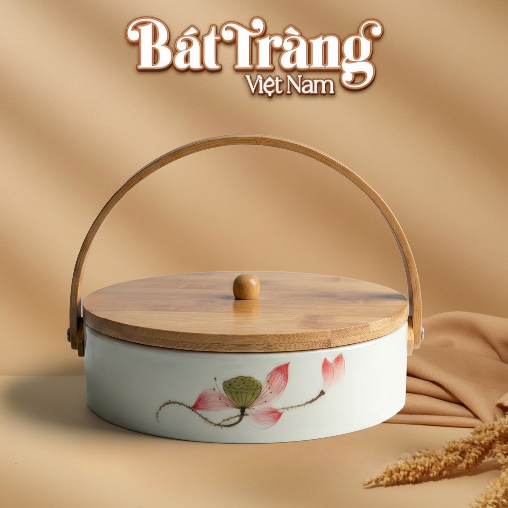 Khay Sứ Đựng Mứt Vẽ Sen Hồng Nắp Gỗ BT-KM25