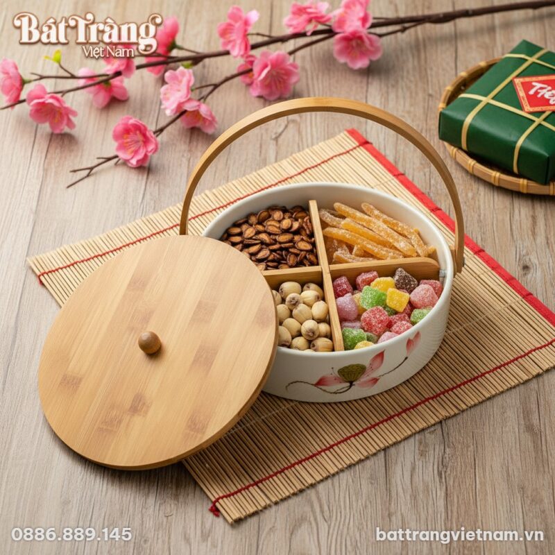 Khay sứ đựng mứt vẽ sen hồng nắp gỗ với cấu trú... Khay sứ đựng mứt vẽ sen hồng nắp gỗ với cấu trú...