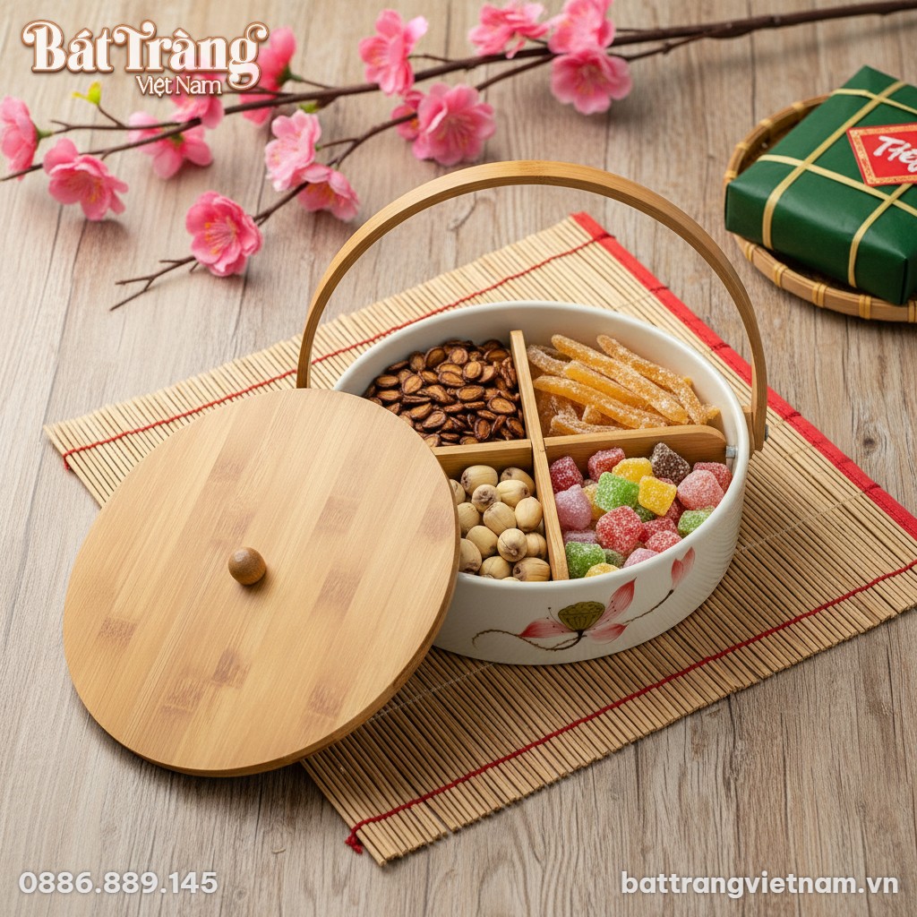 Khay sứ đựng mứt vẽ sen hồng nắp gỗ với cấu trú...