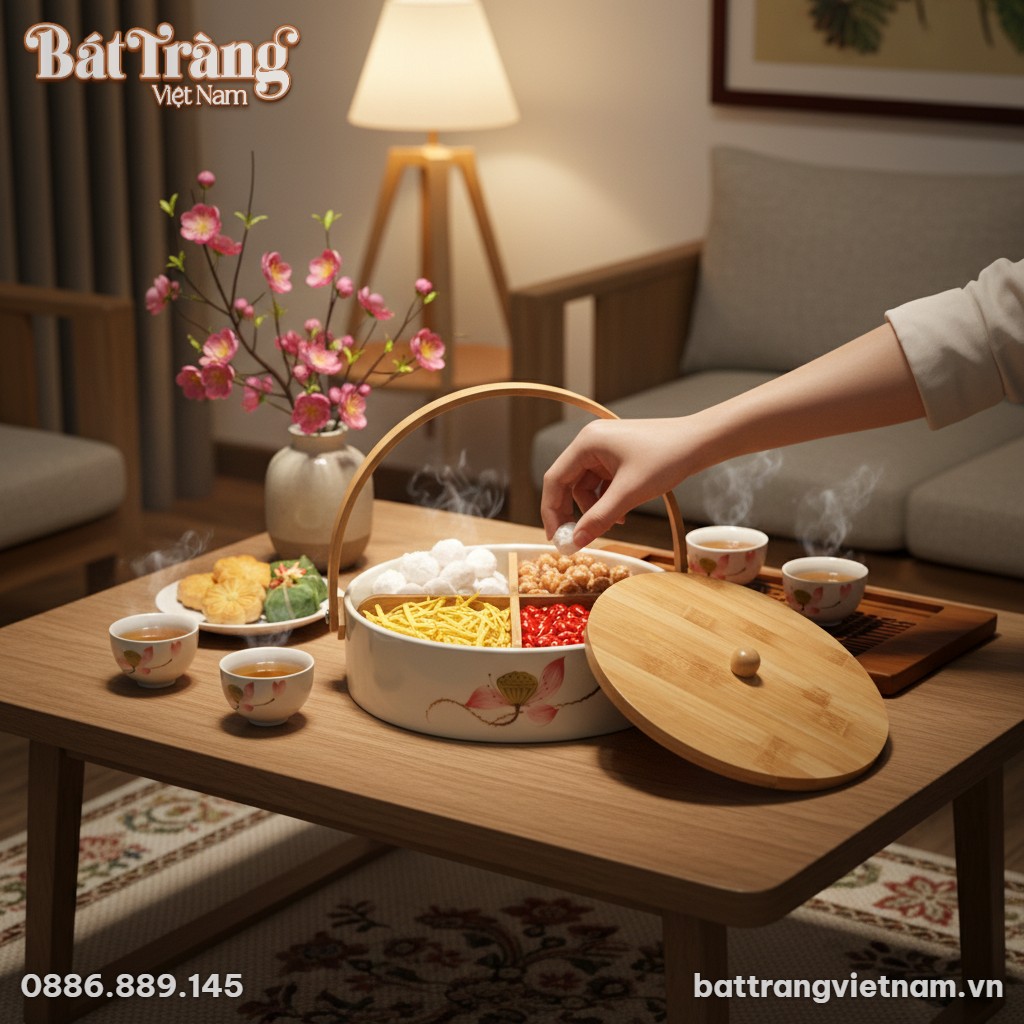 Cận cảnh khay sứ đựng mứt vẽ sen hồng nắp gỗ đặ...