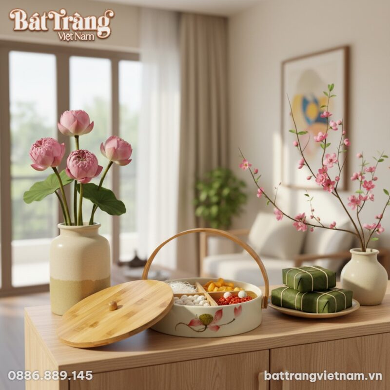 Một khay sứ đựng mứt vẽ sen hồng nắp gỗ với cấu... Một khay sứ đựng mứt vẽ sen hồng nắp gỗ với cấu...