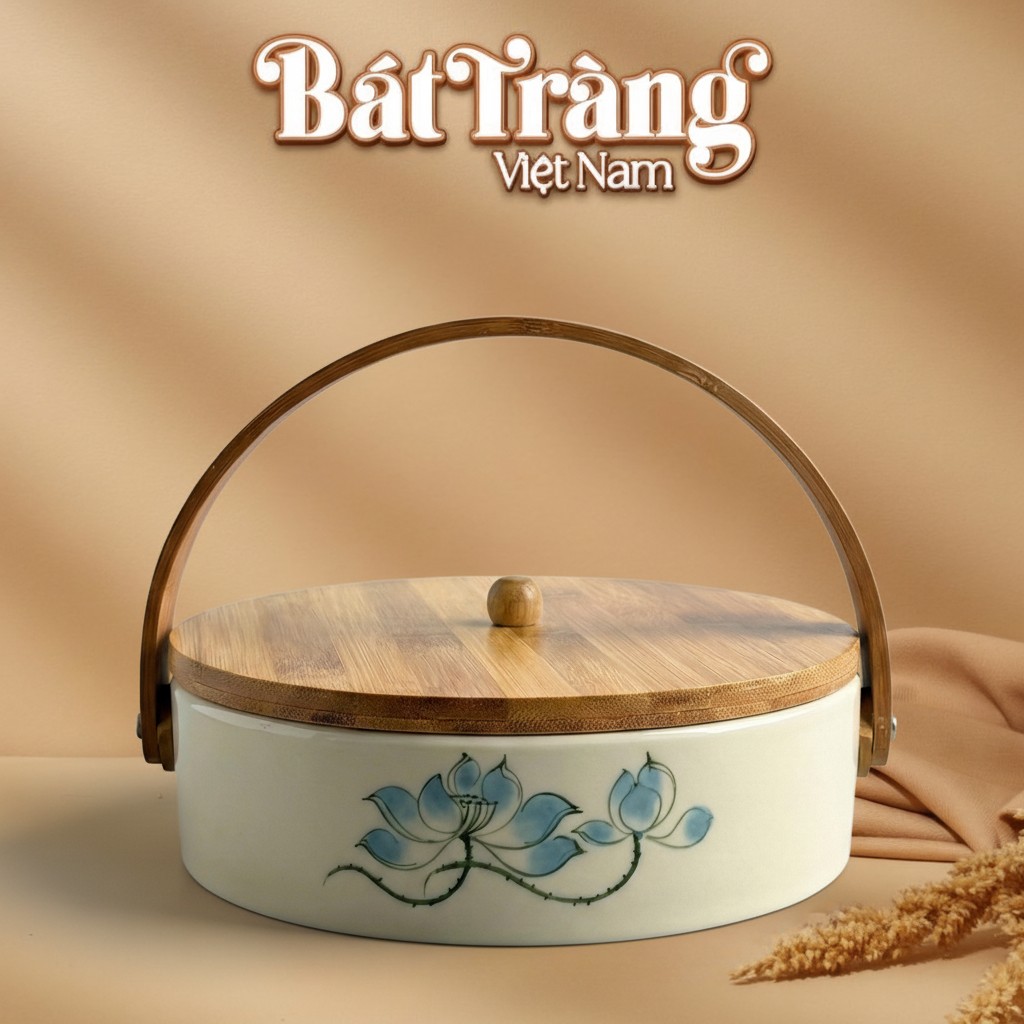 Khay Đựng Mứt Vẽ Sen Xanh Gốm Sứ Nắp Gỗ BT-KM24