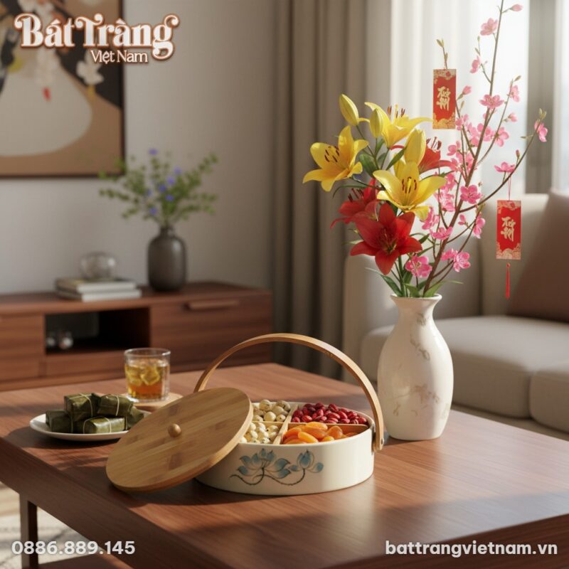 Khay mứt sen xanh nắp gỗ trang nhã đặt trên bàn... Khay mứt sen xanh nắp gỗ trang nhã đặt trên bàn...