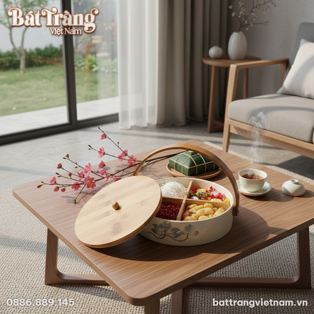 Khay mứt sen xanh nắp gỗ đang mở, chứa đầy bánh...