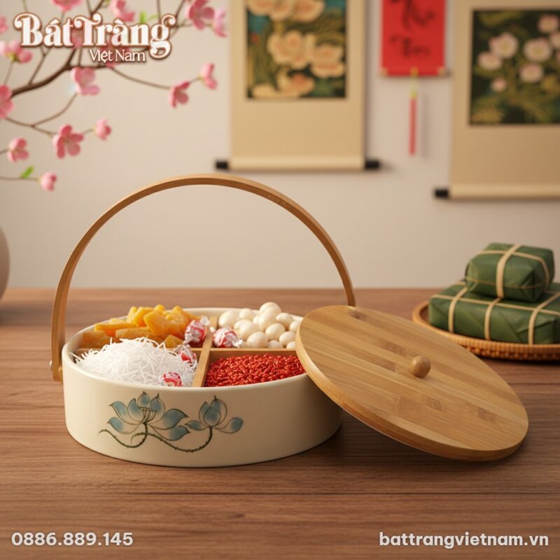 Cận cảnh khay mứt sen xanh gốm sứ với họa tiết ... Cận cảnh khay mứt sen xanh gốm sứ với họa tiết ...