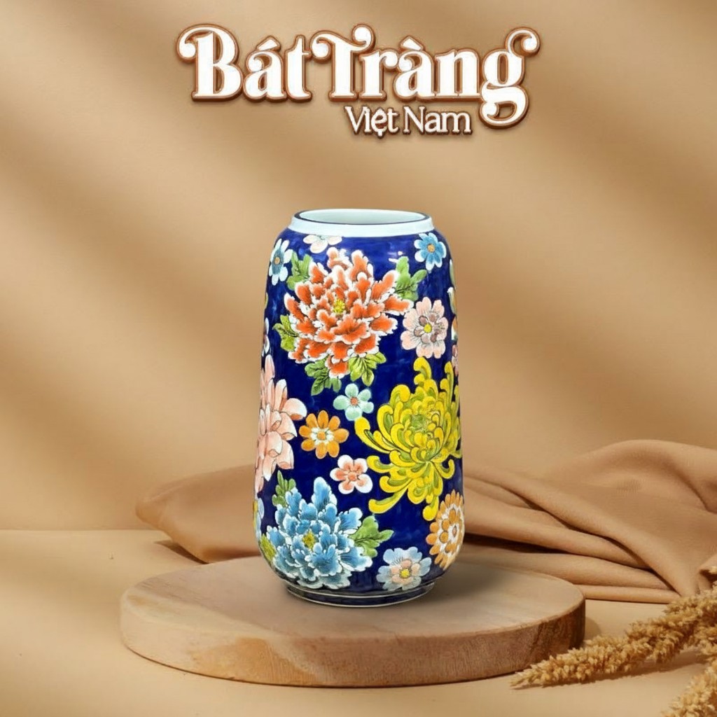 Lọ hoa dáng bom vẽ hoa mẫu đơn đa sắc Bát Tràng BT-LH54