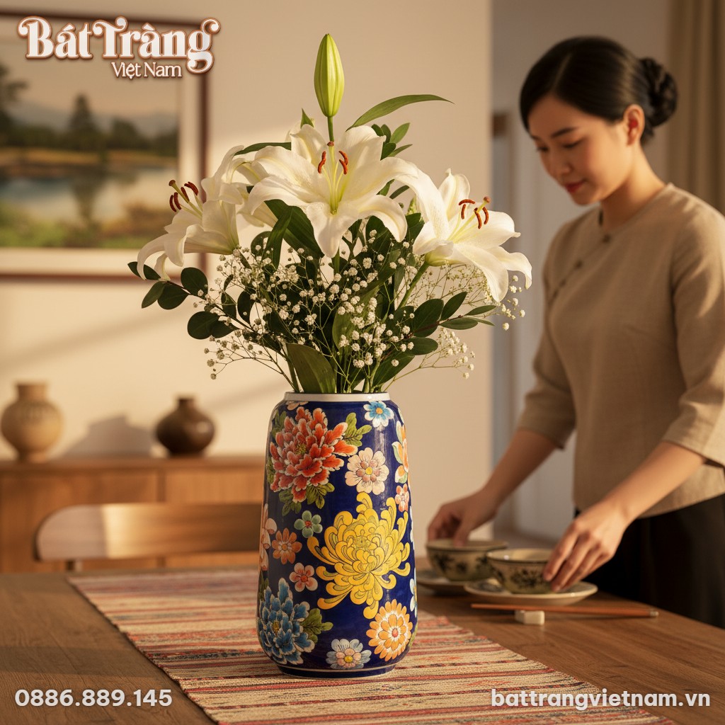 Cận cảnh lọ hoa Bát Tràng dáng bom vẽ hoa cúc v...