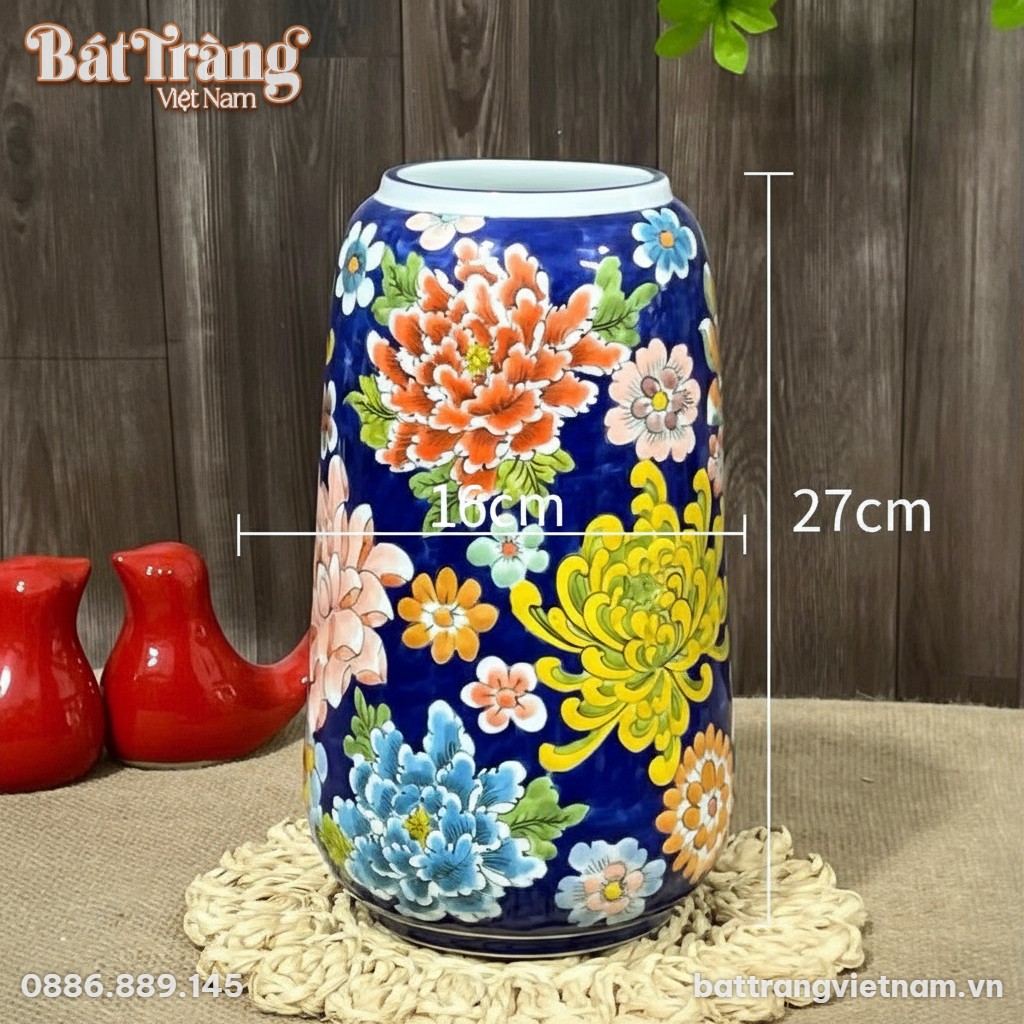 Kích thước Lọ hoa dáng bom vẽ hoa mẫu đơn đa sắc Bát Tràng BT-LH54