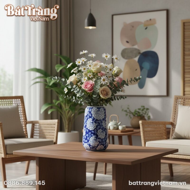 Lọ hoa gốm Bát Tràng dáng bom vẽ mẫu đơn, cao 2...