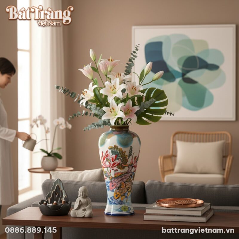 Một lọ hoa gốm sứ Bát Tràng vẽ sen cá chép (cao...