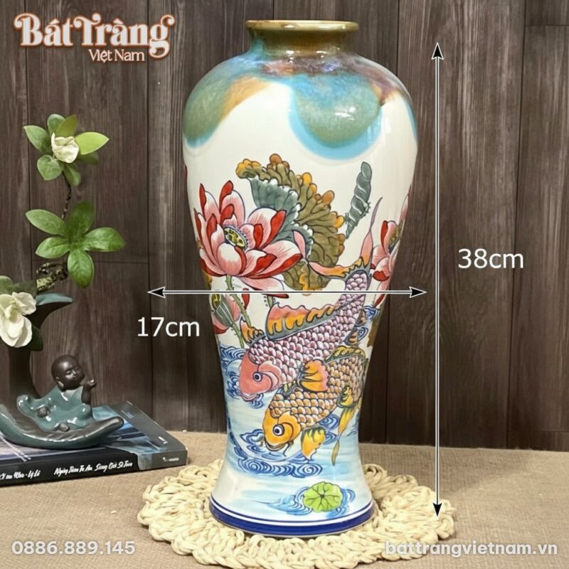 Kích thước Lọ Hoa Dáng Chân Đèn Vẽ Sen Cá Chép Men Màu Phú Quý BT-LH47