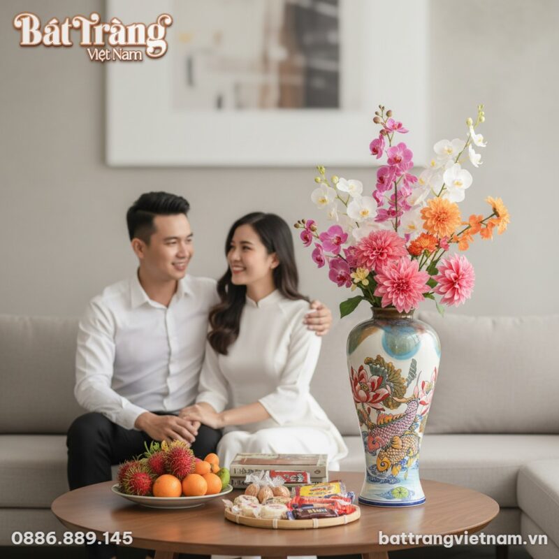 Lọ hoa gốm sứ Bát Tràng vẽ sen cá chép (cao 38c...