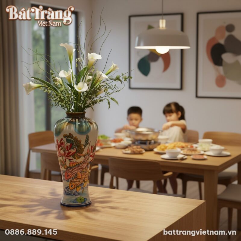 Một lọ hoa gốm sứ Bát Tràng vẽ sen cá chép (cao...