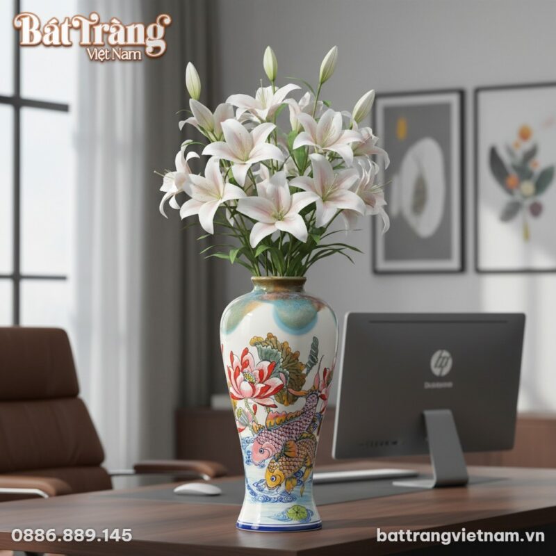 Một lọ hoa gốm sứ Bát Tràng vẽ sen cá chép (cao...