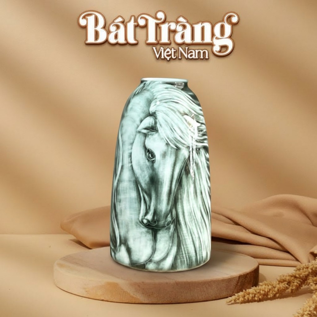 Lọ hoa dáng chuông vẽ ngựa men màu Bát Tràng BT-LH46