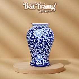 Lọ hoa dáng đùi dế men xanh vẽ hoa mẫu đơn BT-LH33