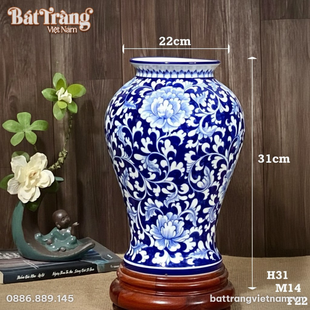 Kích thước Lọ hoa dáng đùi dế men xanh vẽ hoa mẫu đơn BT-LH33