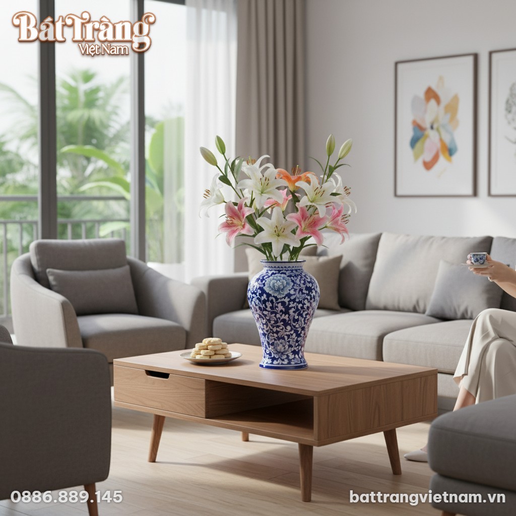 Lọ hoa dáng đùi dế men xanh vẽ mẫu đơn cao 31cm...