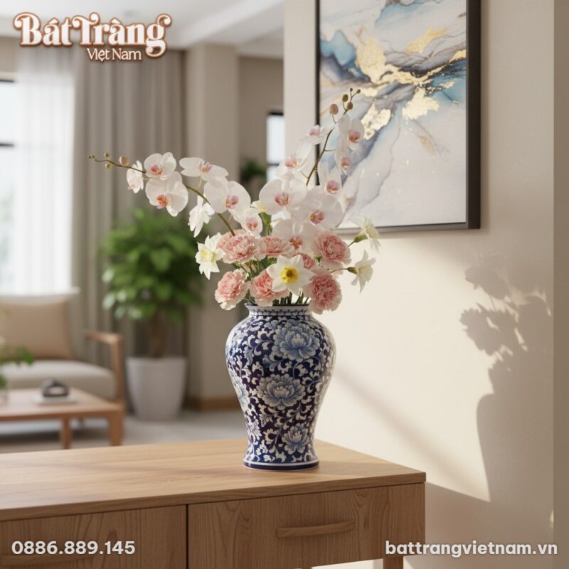 Lọ hoa dáng đùi dế men xanh vẽ mẫu đơn cao 31cm... Lọ hoa dáng đùi dế men xanh vẽ mẫu đơn cao 31cm...