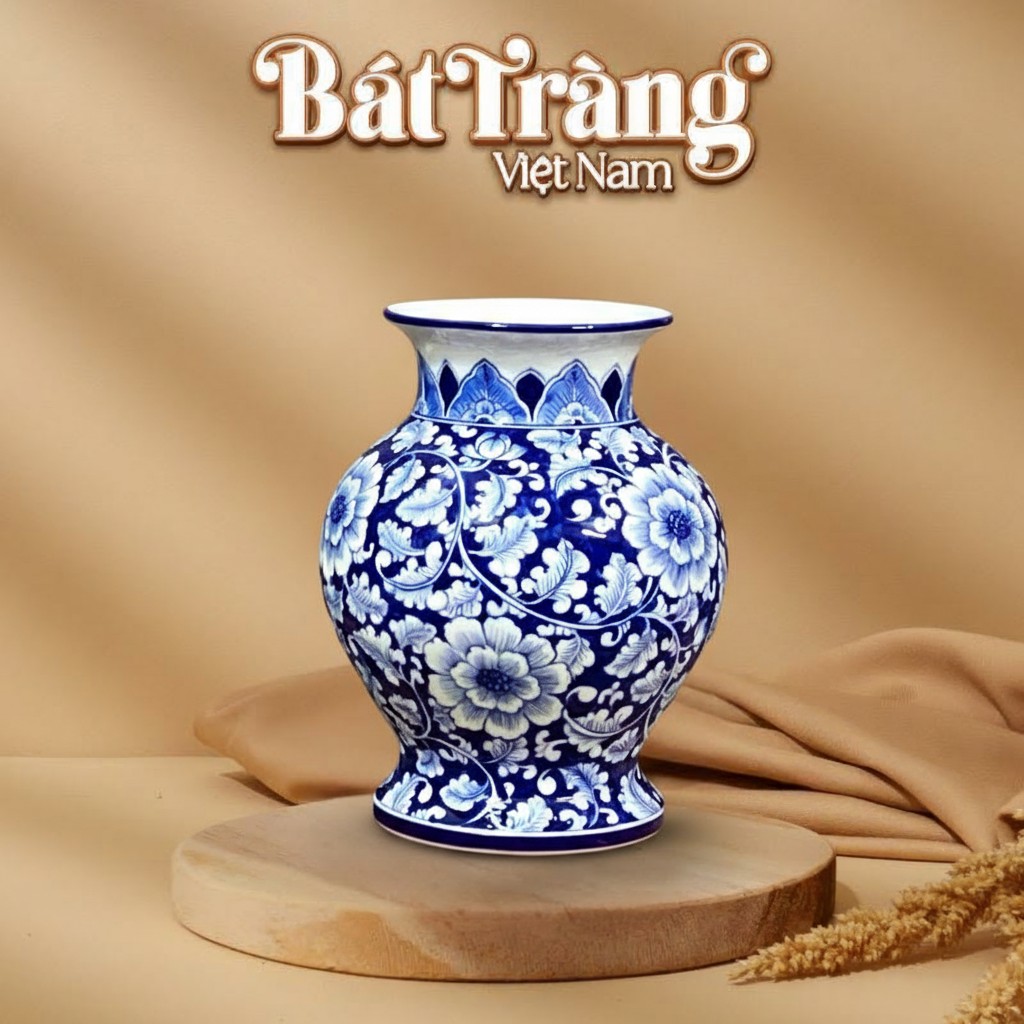 Lọ hoa dáng vò men xanh vẽ hoa phù dung BT-LH37