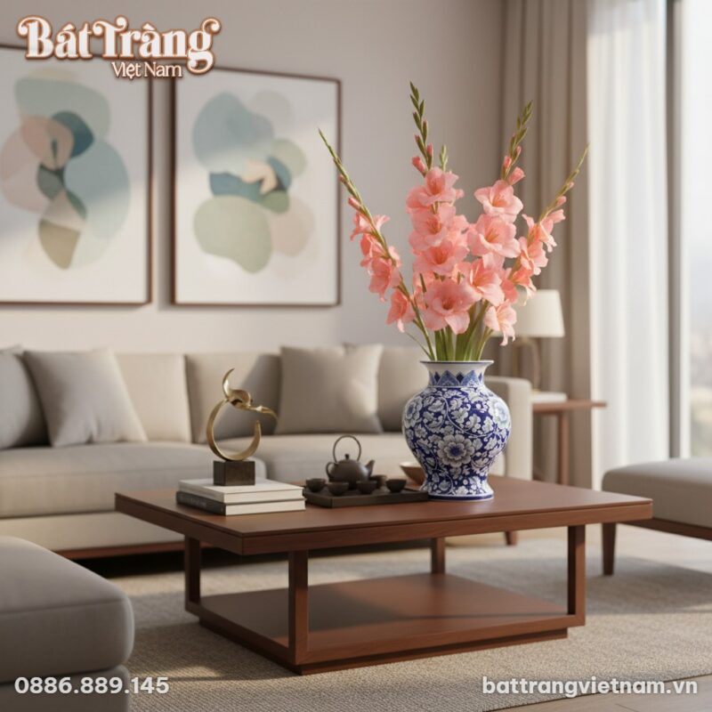 Lọ hoa gốm Bát Tràng dáng vò men xanh vẽ phù du... Lọ hoa gốm Bát Tràng dáng vò men xanh vẽ phù du...