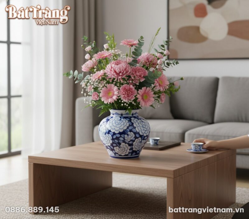 Lọ hoa gốm Bát Tràng men lam vẽ mẫu đơn (cao 22...