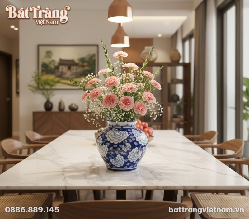 Lọ hoa gốm Bát Tràng men lam vẽ mẫu đơn (cao 22...