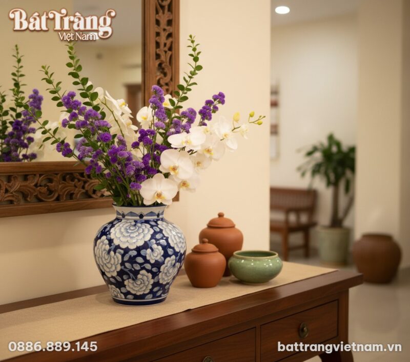 cận cảnh Lọ hoa gốm Bát Tràng men lam vẽ mẫu đơ...