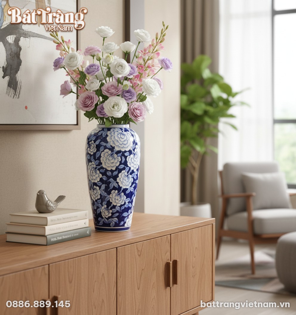 Ảnh chụp một lọ hoa gốm Bát Tràng men lam vẽ ho...