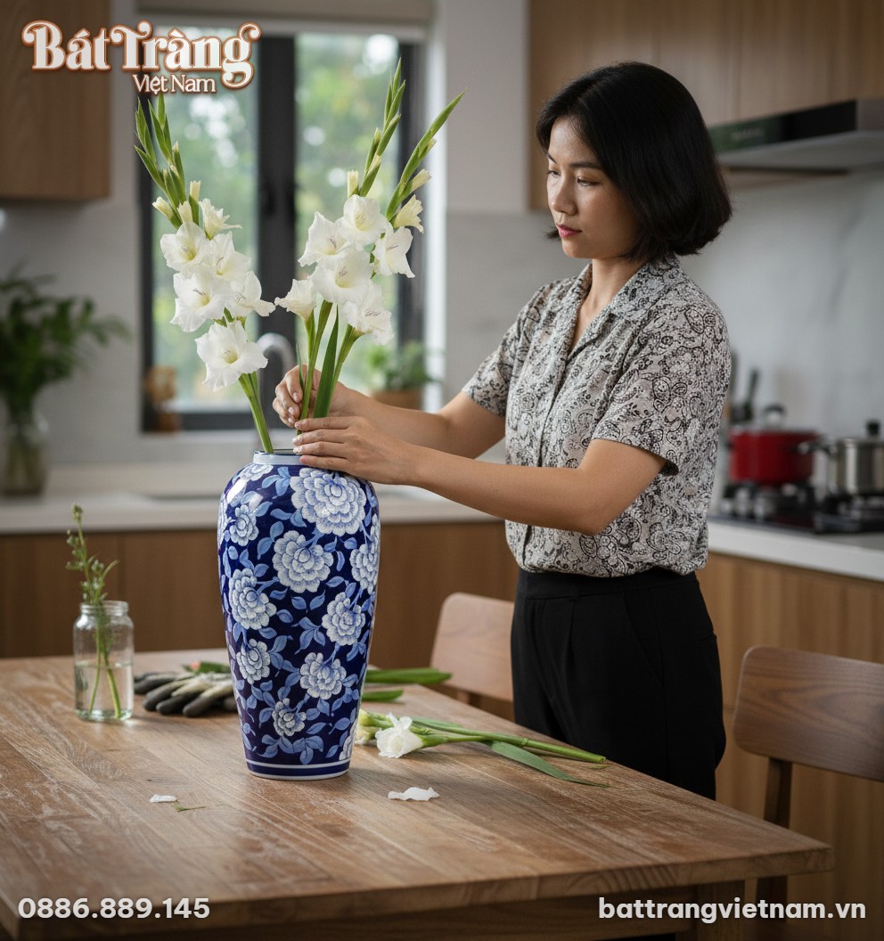 Cận cảnh tinh xảo lọ hoa gốm Bát Tràng men lam ...