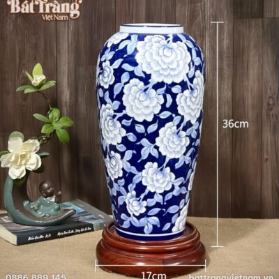 Kích thước Lọ Hoa Gốm Bát Tràng Men Lam Vẽ Hoa Mẫu Đơn Phú Quý BT-LH41
