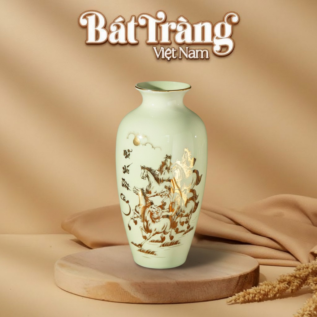 Lọ Hoa Mã Đáo Thành Công Men Trắng Viền Vàng Kim BT-LH32