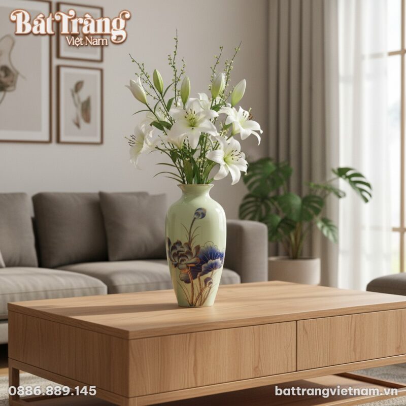 Một lọ hoa gốm sứ Bát Tràng men trắng vẽ sen và... Một lọ hoa gốm sứ Bát Tràng men trắng vẽ sen và...