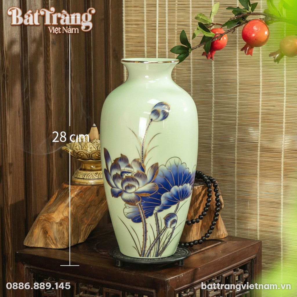 Kích thước Lọ Hoa Men Trắng Vẽ Sen Vàng Kim Bát Tràng BT-LH30