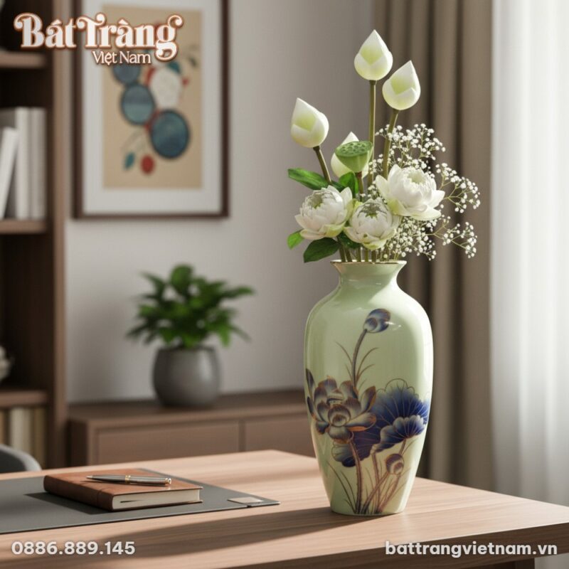 Một lọ hoa gốm sứ Bát Tràng men trắng vẽ sen và... Một lọ hoa gốm sứ Bát Tràng men trắng vẽ sen và...