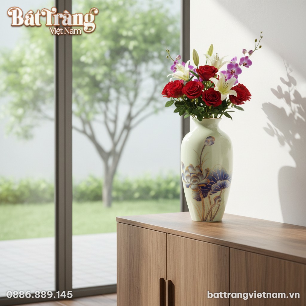 Cận cảnh lọ hoa gốm sứ Bát Tràng men trắng vẽ s...