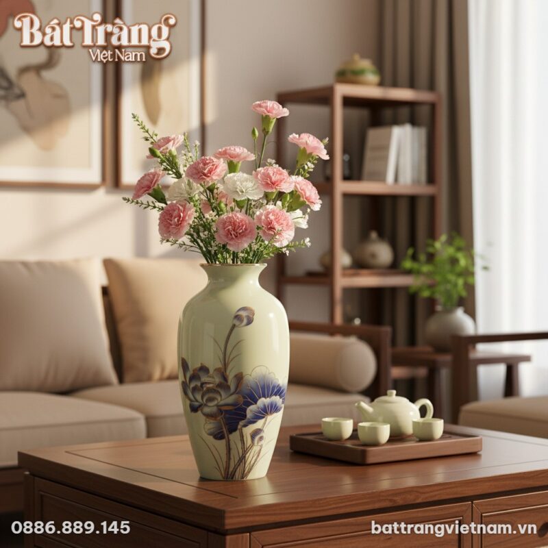 Một lọ hoa gốm sứ Bát Tràng men trắng vẽ sen và... Một lọ hoa gốm sứ Bát Tràng men trắng vẽ sen và...