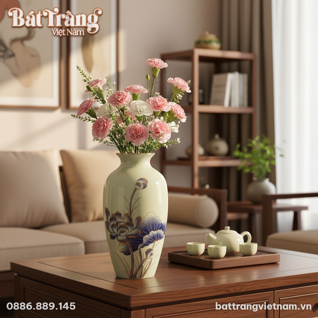 Một lọ hoa gốm sứ Bát Tràng men trắng vẽ sen và...