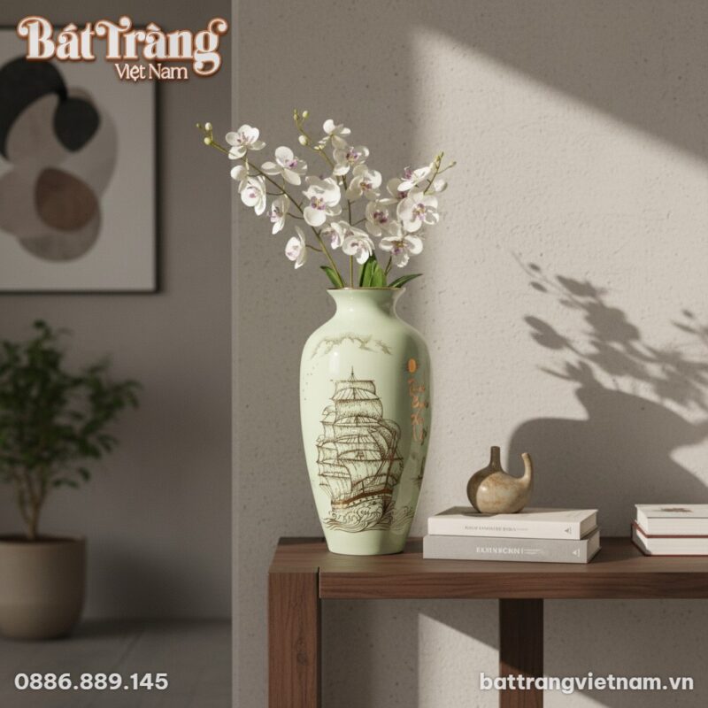 Lọ hoa gốm Bát Tràng 28cm men trắng với họa tiế... Lọ hoa gốm Bát Tràng 28cm men trắng với họa tiế...