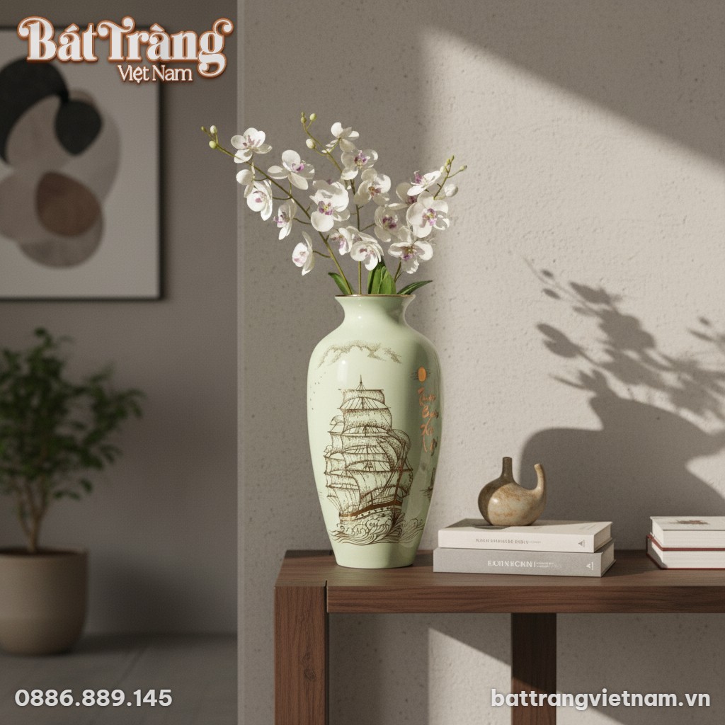 Lọ hoa gốm Bát Tràng 28cm men trắng với họa tiế...