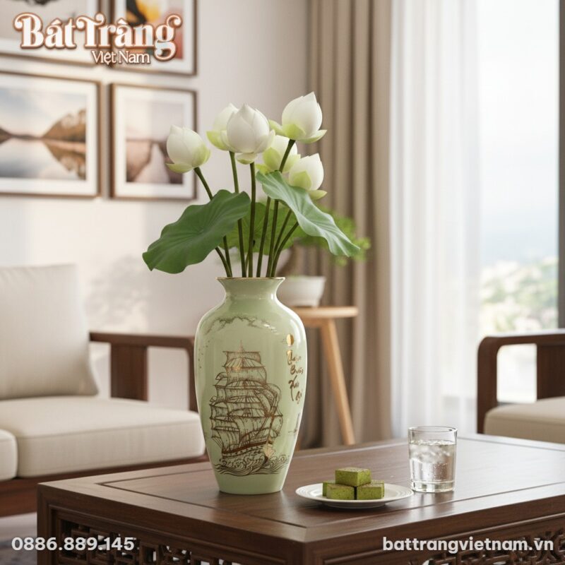 Lọ hoa gốm Bát Tràng men trắng 28cm với họa tiế... Lọ hoa gốm Bát Tràng men trắng 28cm với họa tiế...