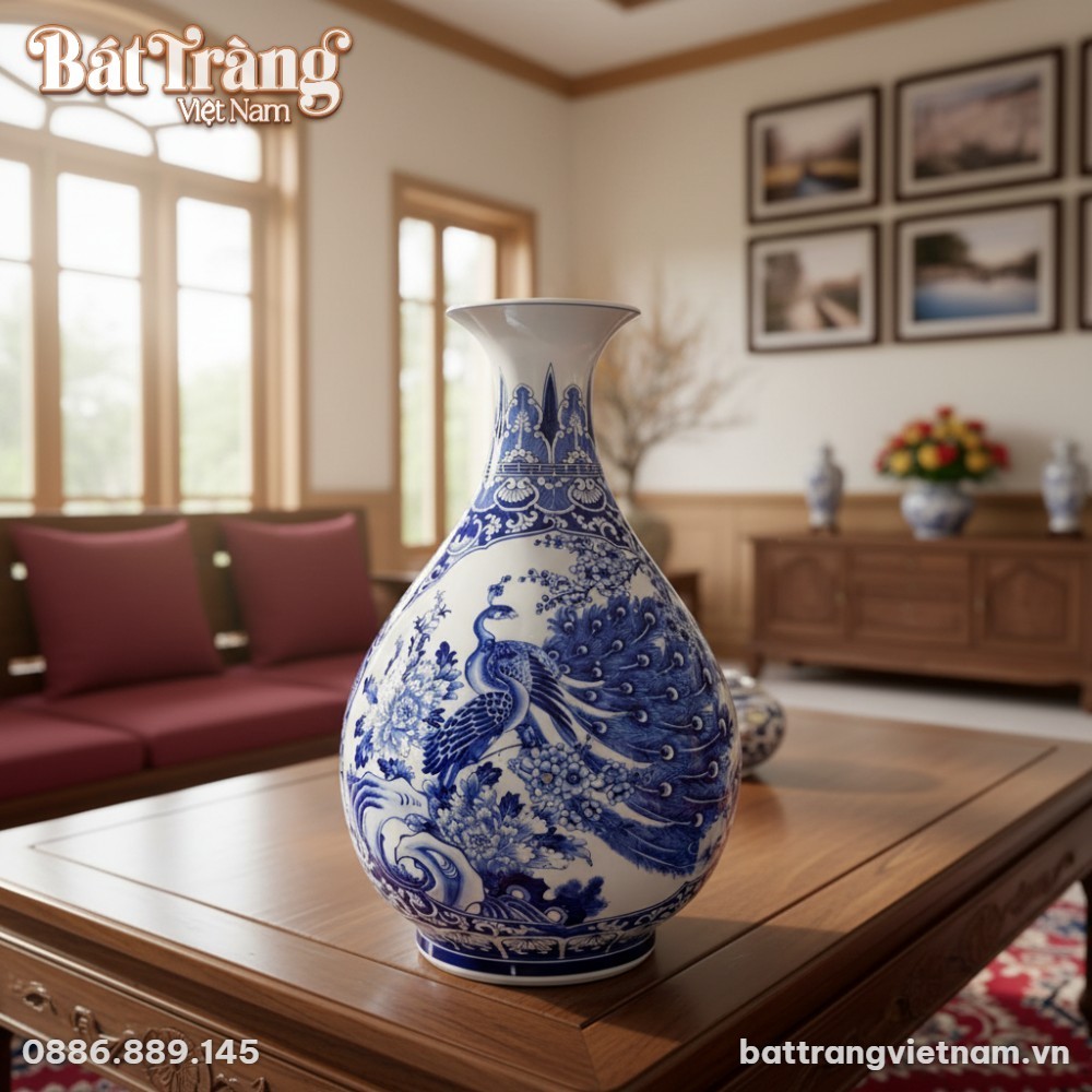 cận cảnh Lọ Tỳ Bà men lam Bát Tràng cao 50cm, h...