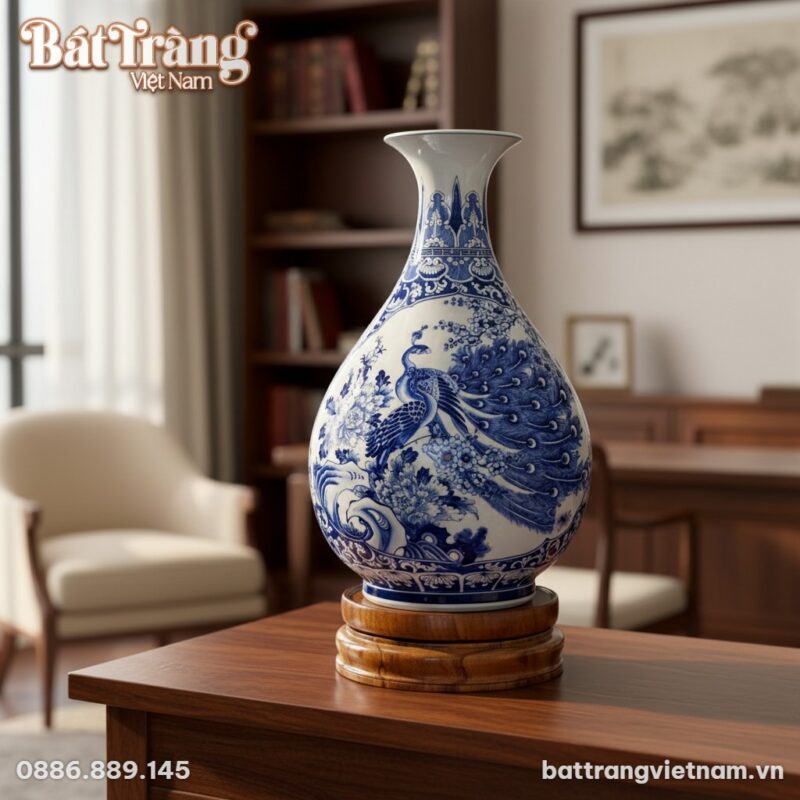 cận cảnh Lọ Tỳ Bà men lam Bát Tràng cao 50cm họ... cận cảnh Lọ Tỳ Bà men lam Bát Tràng cao 50cm họ...