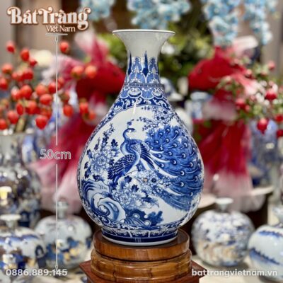 Kích thước Lọ Tỳ Bà Nhị Cảnh Công Đào - Thuận Buồm Men Lam Bát Tràng BT-LTB01